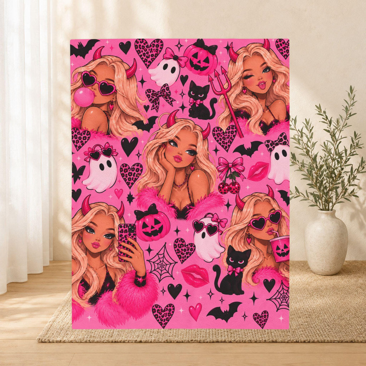 Pink Halloween Blanket, Glam Ghosts, Devils, Cats, Pumpkins