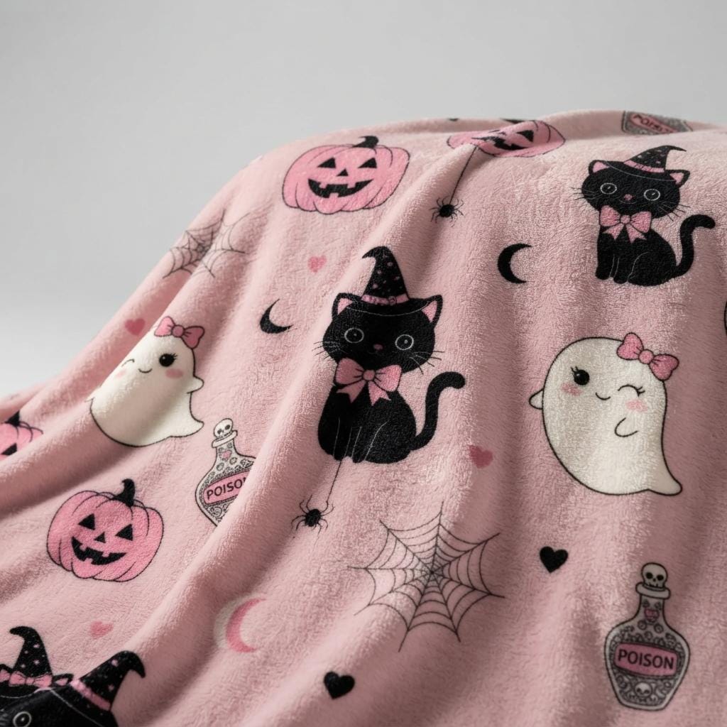 Coquette Halloween Cat Blanket, Cute Ghost Flannel Throw, Spooky Cozy Plush, Kawaii Home Decor, Gift for Her, Soft Fall Fleece