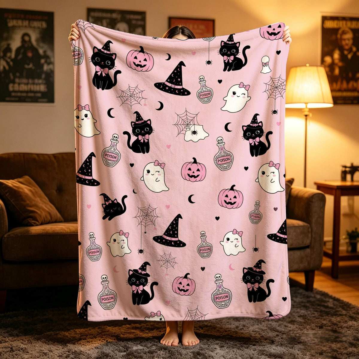Coquette Halloween Cat Blanket, Cute Ghost Flannel Throw, Spooky Cozy Plush, Kawaii Home Decor, Gift for Her, Soft Fall Fleece