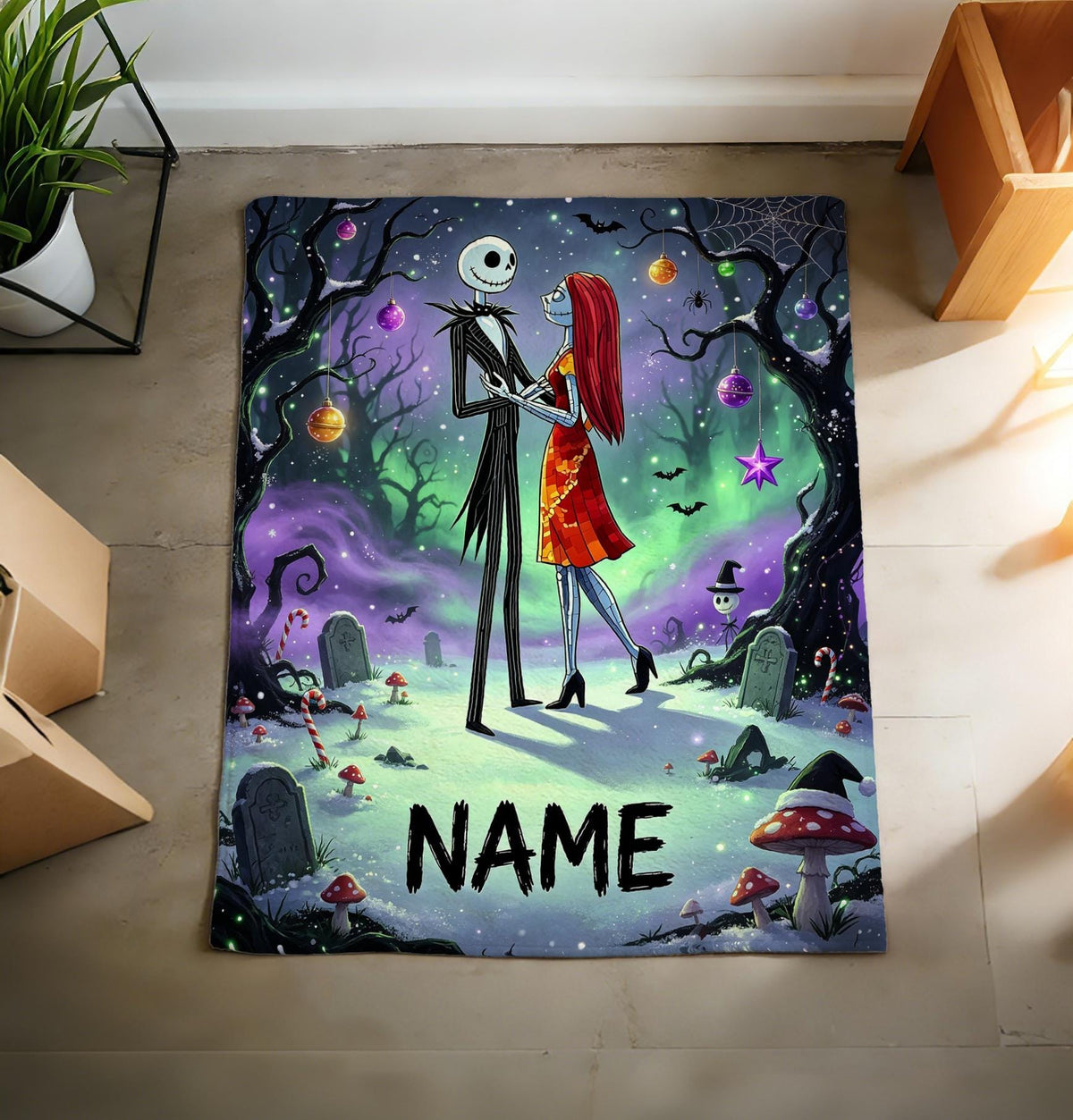 The Nightmare Before Christmas Blanket, Personalized Jack Skellington & Sally Halloween Flannel Throw, Custom Name Gift