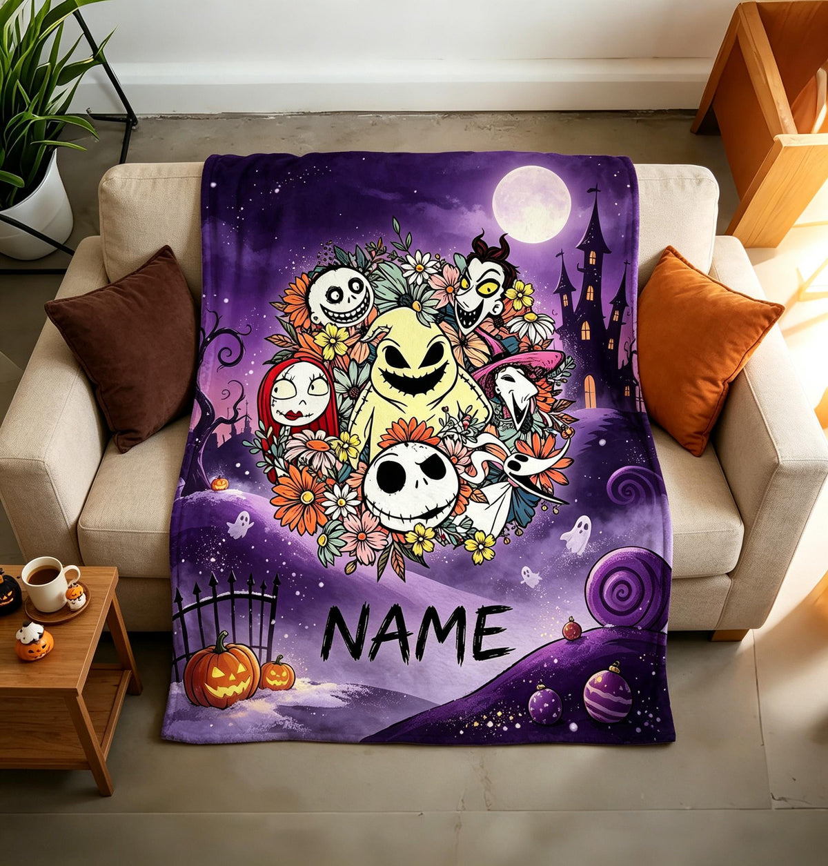 The Nightmare Before Christmas Blanket, Personalized Jack Skellington & Sally Halloween Flannel Throw, Custom Name Gift