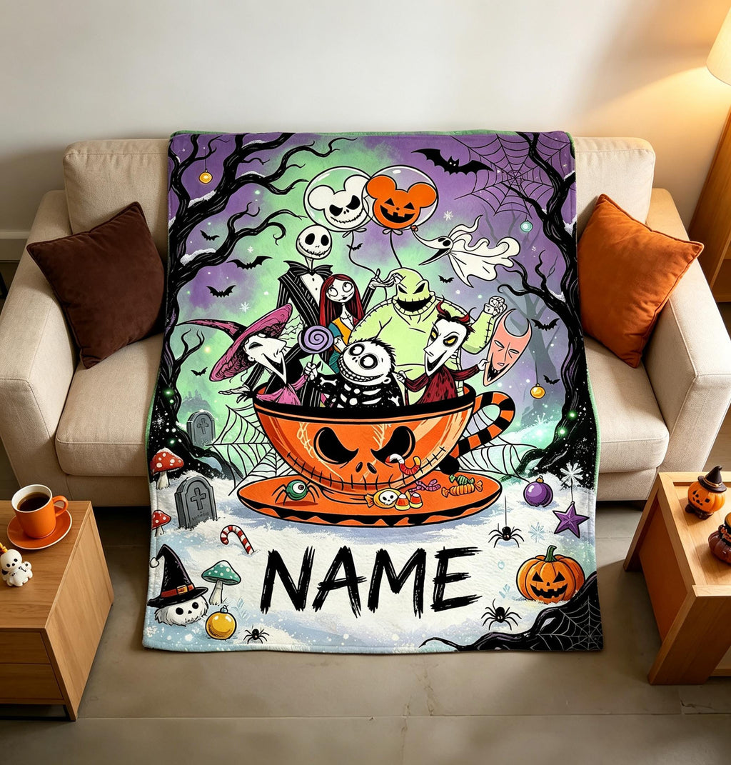 The Nightmare Before Christmas Blanket, Personalized Jack Skellington & Sally Halloween Flannel Throw, Custom Name Gift