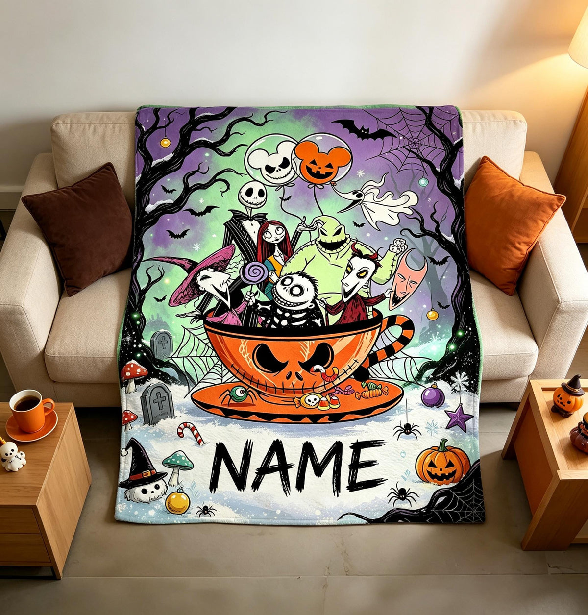The Nightmare Before Christmas Blanket, Personalized Jack Skellington & Sally Halloween Flannel Throw, Custom Name Gift