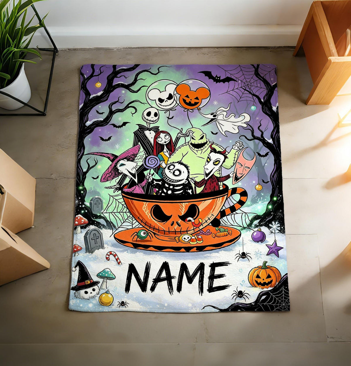 The Nightmare Before Christmas Blanket, Personalized Jack Skellington & Sally Halloween Flannel Throw, Custom Name Gift