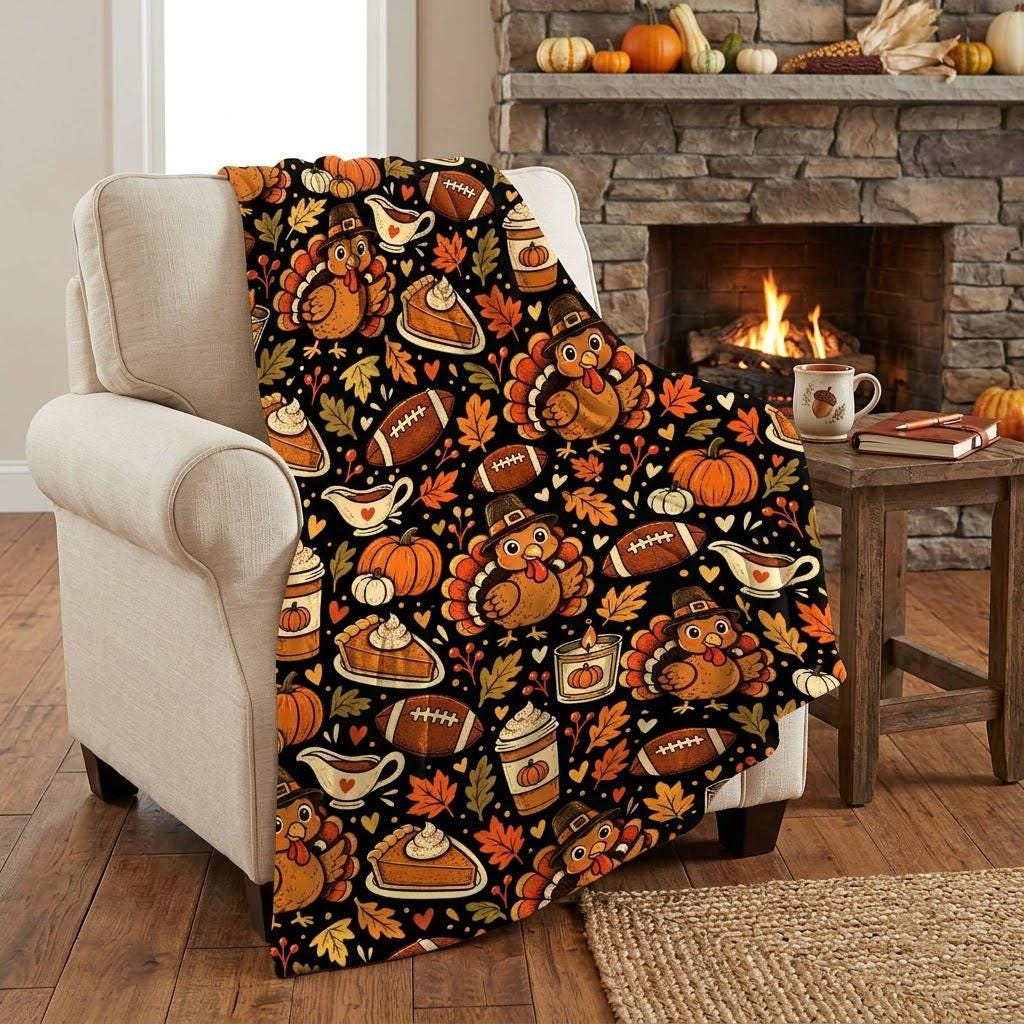 Thanksgiving Football Throw Blanket, Turkey Pumpkin Fleece Blanket, Fall Game Day Blanket, Cozy Autumn Home Decor, Holiday Family Gift