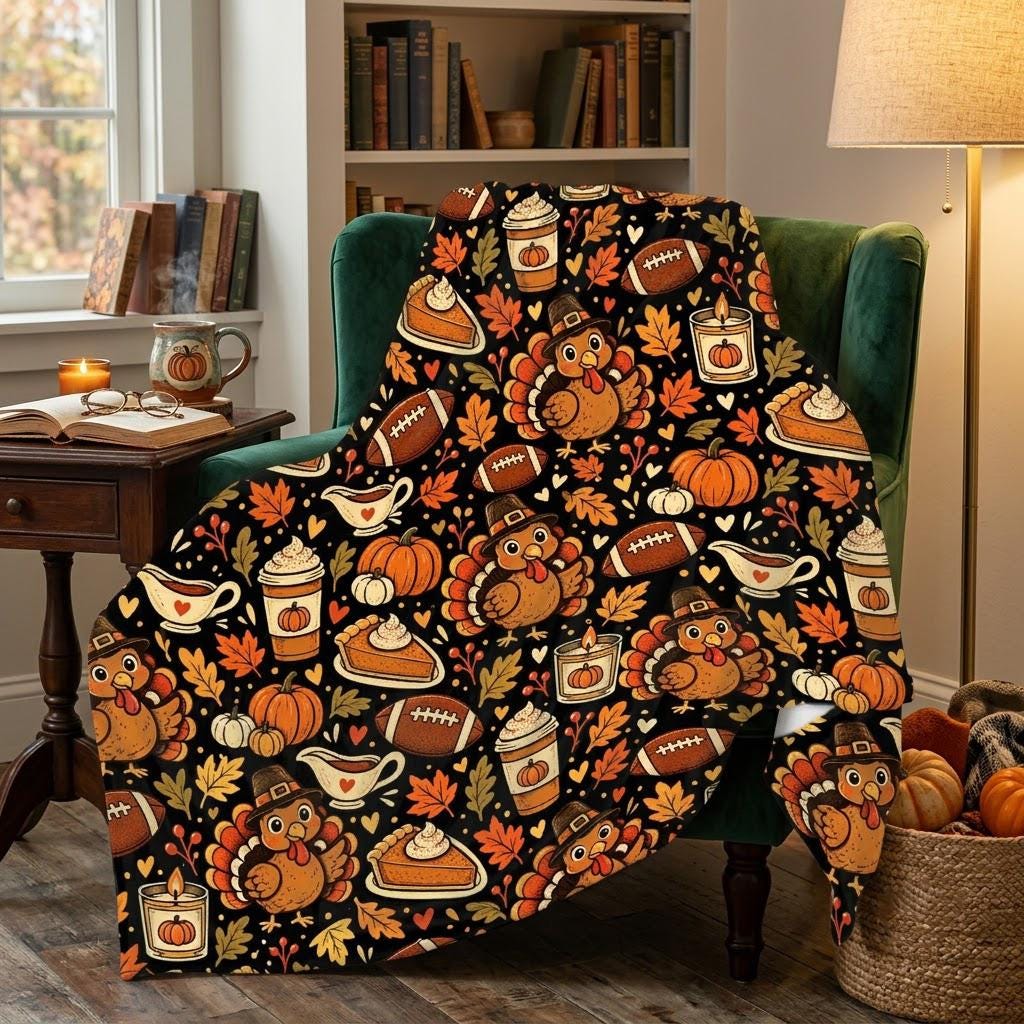 Thanksgiving Football Throw Blanket, Turkey Pumpkin Fleece Blanket, Fall Game Day Blanket, Cozy Autumn Home Decor, Holiday Family Gift