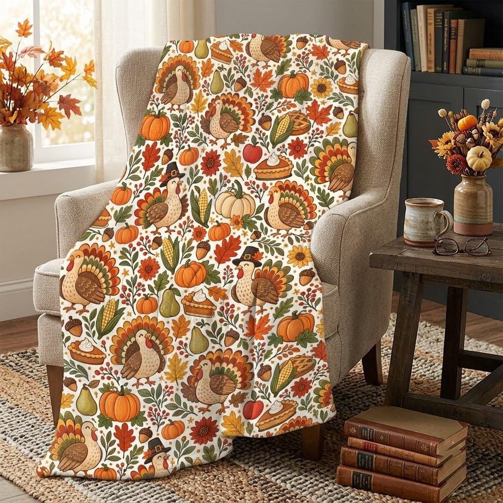 Thanksgiving Turkey Throw Blanket, Autumn Pumpkin Fleece Blanket, Fall Floral Cozy Blanket, Thanksgiving Living Room Decor, Gift for Her Mom