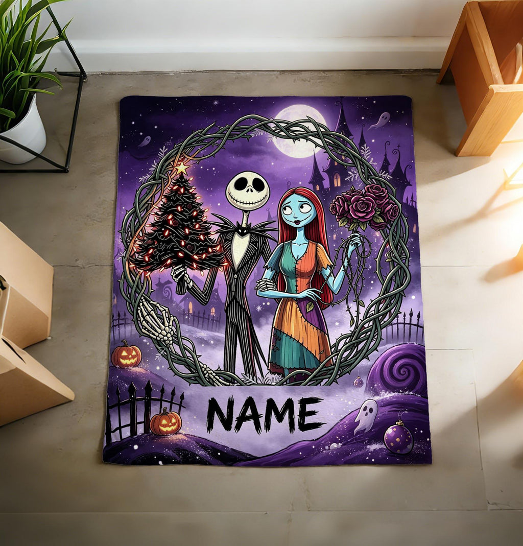 The Nightmare Before Christmas Blanket, Personalized Jack Skellington & Sally Halloween Flannel Throw, Custom Name Gift