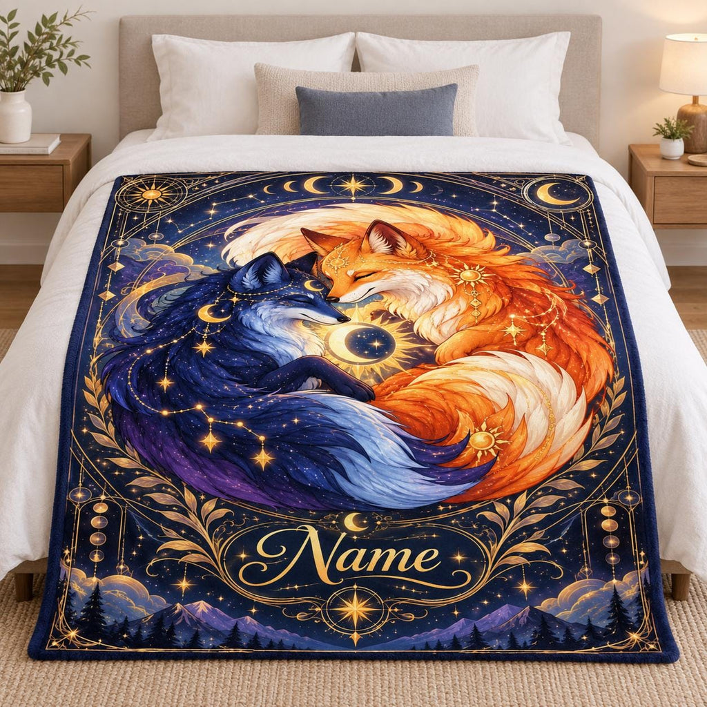 Personalized Celestial Fox Throw, Moon & Sun Design, Custom Name Blanket