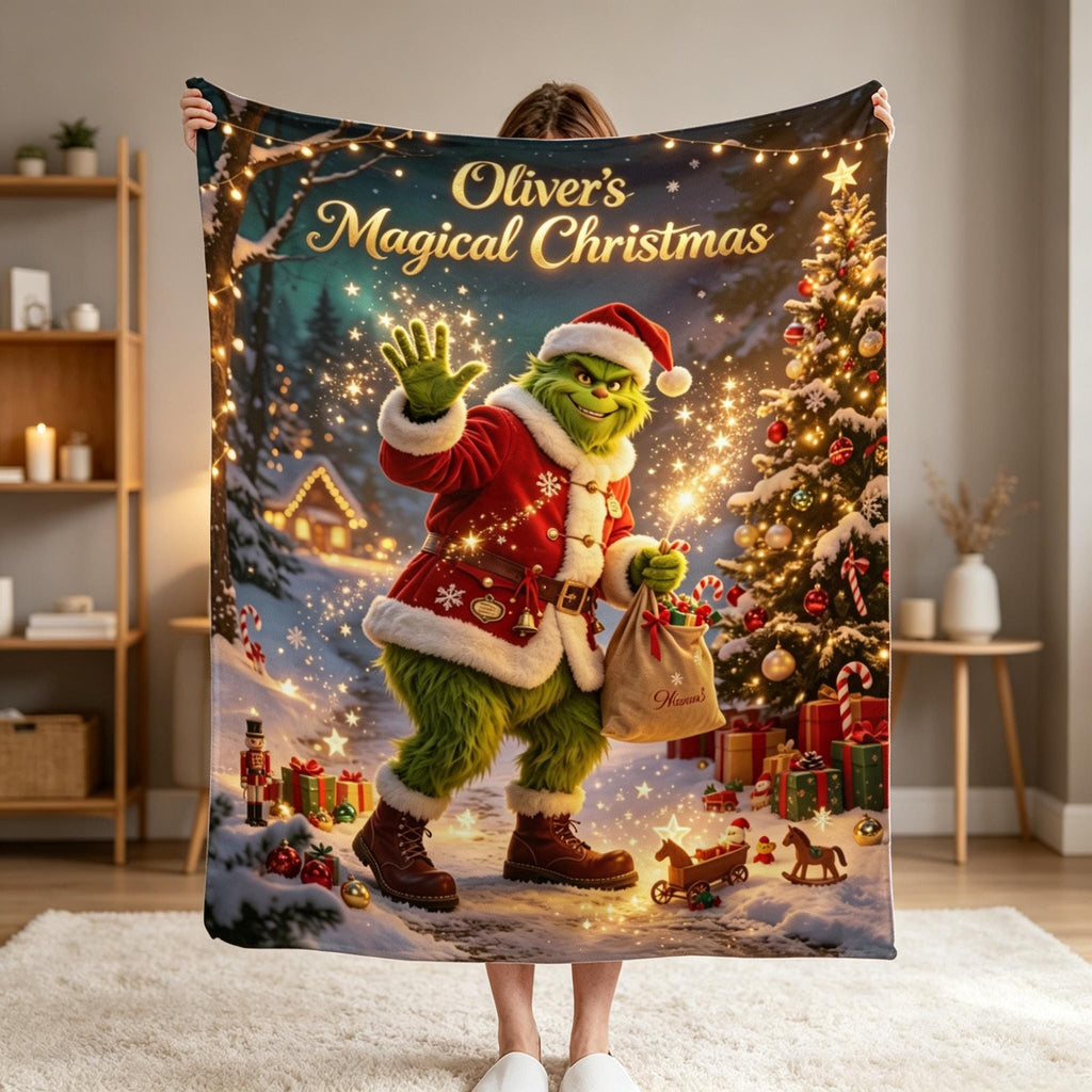 Custom Name Christmas Monster Blanket, Magical Holiday Character Throw Blanket, Personalized Kids Christmas Gift, Winter Cozy Blanket