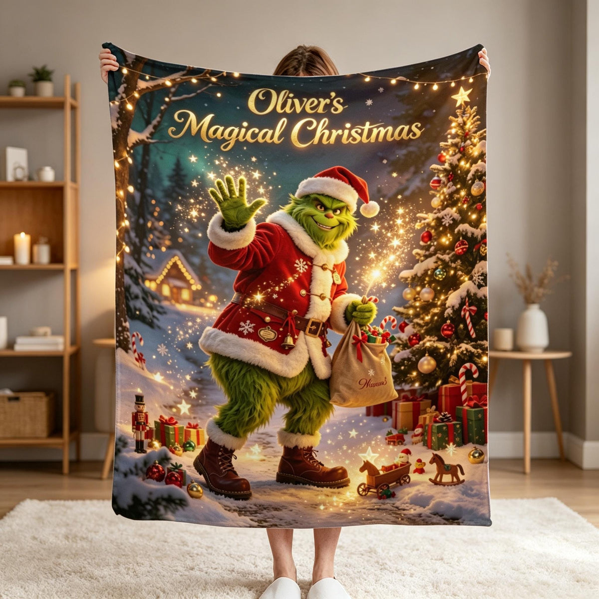 Custom Name Christmas Monster Blanket, Magical Holiday Character Throw Blanket, Personalized Kids Christmas Gift, Winter Cozy Blanket