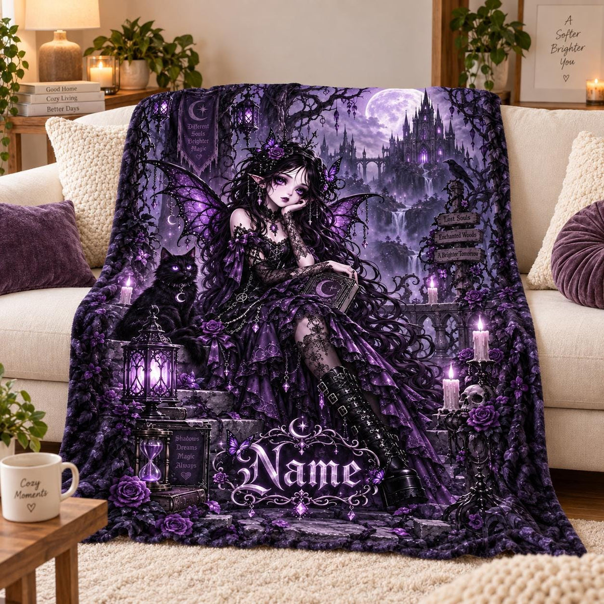 Personalized Gothic Fairy Throw, Custom Dark Fantasy Design, Purple Witchy Gift