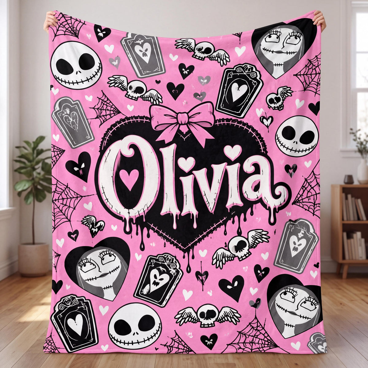 Spooky Skeleton King Blanket, Personalized Pastel Goth Throw, Gothic Halloween Town Bedding, Creepy Cute Room Decor