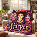 Personalized Witch Sisters Flannel Blanket, Custom Name Halloween Throw, Spooky Fall Decor, Bubblegum Witches Nostalgic Movie Fan Gift