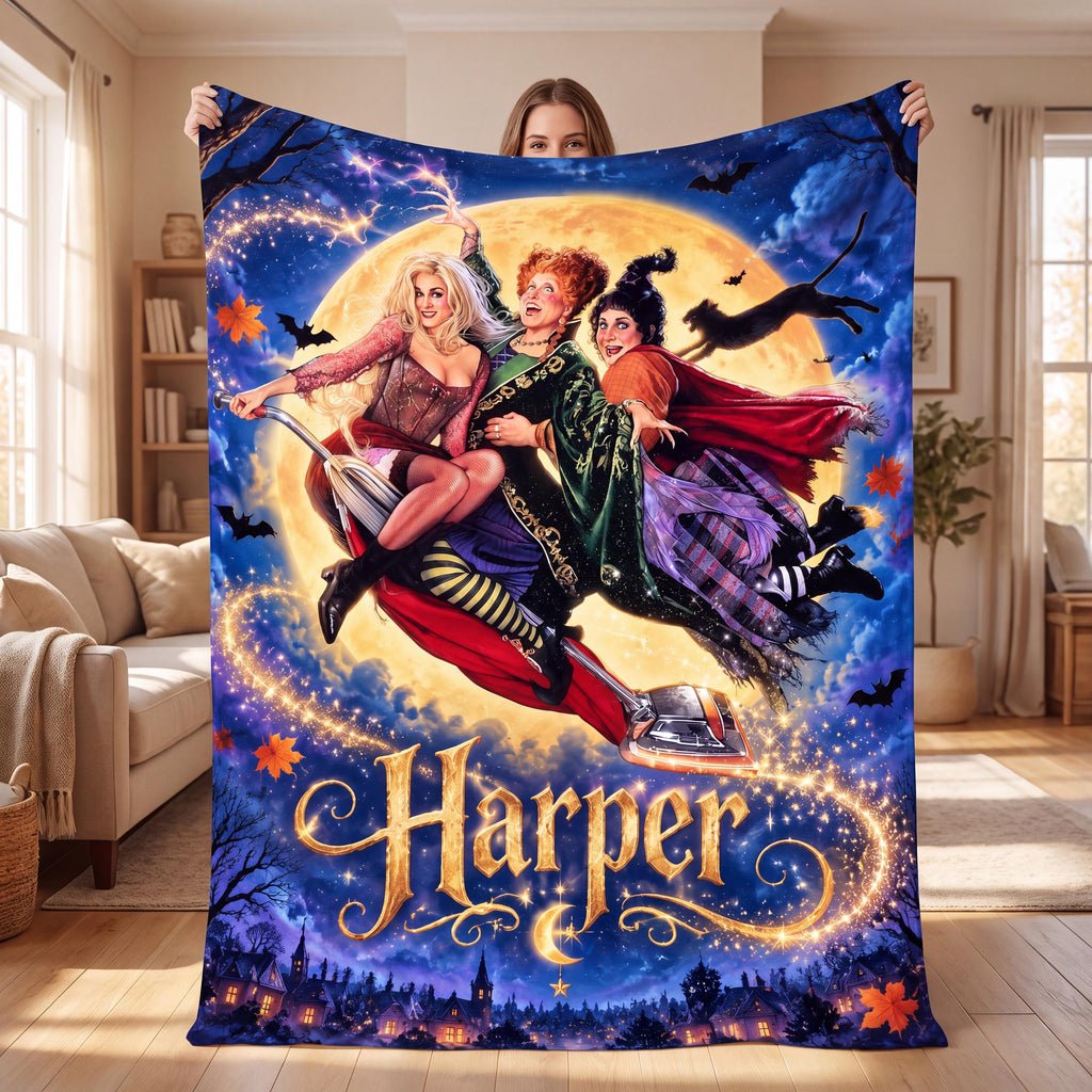 Personalized Halloween Witch Blanket, Custom Name Flannel Throw, Sanderson Sisters Fan Gift, Spooky Season Room Decor, Cozy Magic Fall