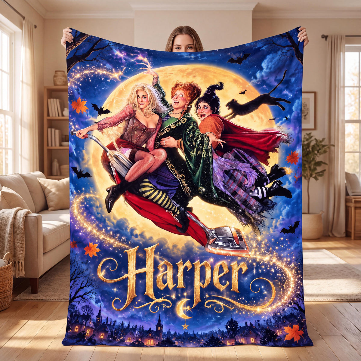 Personalized Halloween Witch Blanket, Custom Name Flannel Throw, Sanderson Sisters Fan Gift, Spooky Season Room Decor, Cozy Magic Fall