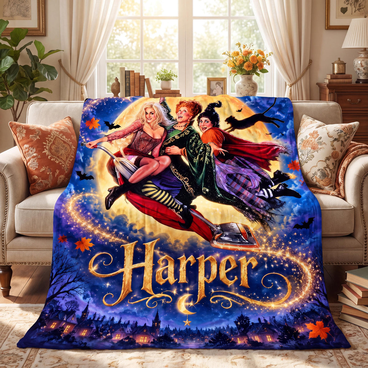 Personalized Halloween Witch Blanket, Custom Name Flannel Throw, Sanderson Sisters Fan Gift, Spooky Season Room Decor, Cozy Magic Fall