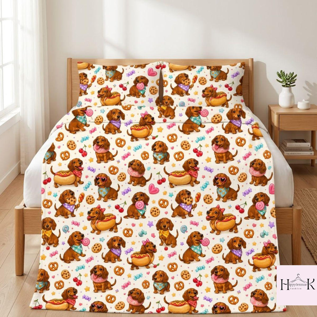 Cute Dachshund Fleece Blanket, Wiener Dog Candy and Snack Pattern, Kawaii Puppy Bedroom Decor, Cozy Gift for Dog Lovers