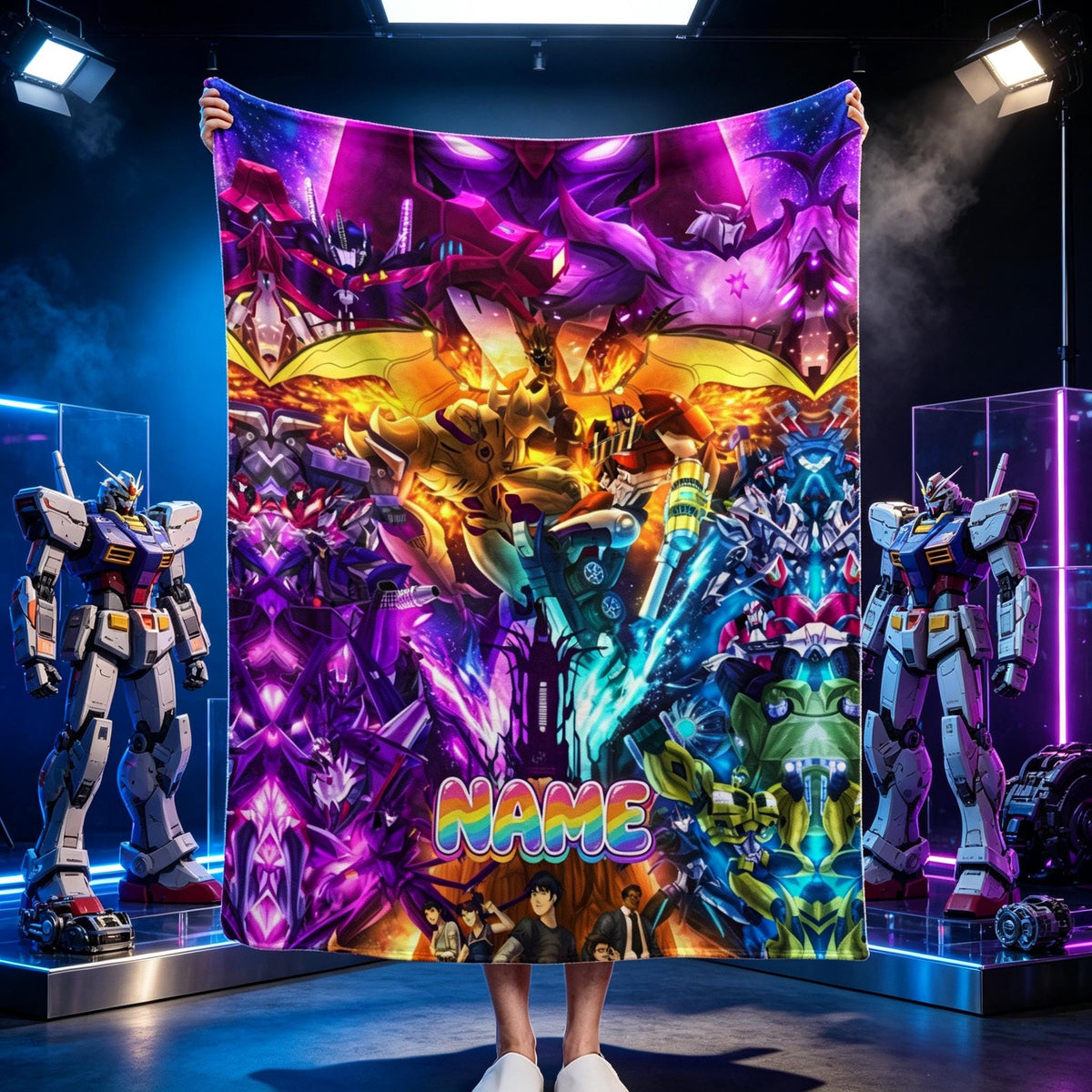 Personalized Robot Battle Flannel Blanket, Custom Name Sci Fi Mecha Throw, Futuristic Machine Blanket, Gamer Bedroom Gift