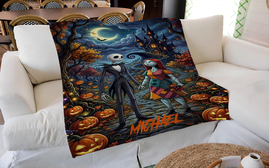 Personalized Jack and Sally Blanket, Custom Nightmare Before Christmas Throw with Name, Gothic Halloween Blanket, Tim Burton Inspired Gift