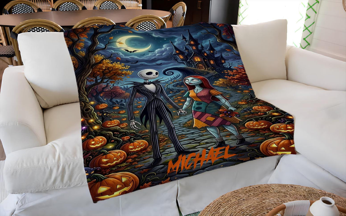 Personalized Jack and Sally Blanket, Custom Nightmare Before Christmas Throw with Name, Gothic Halloween Blanket, Tim Burton Inspired Gift