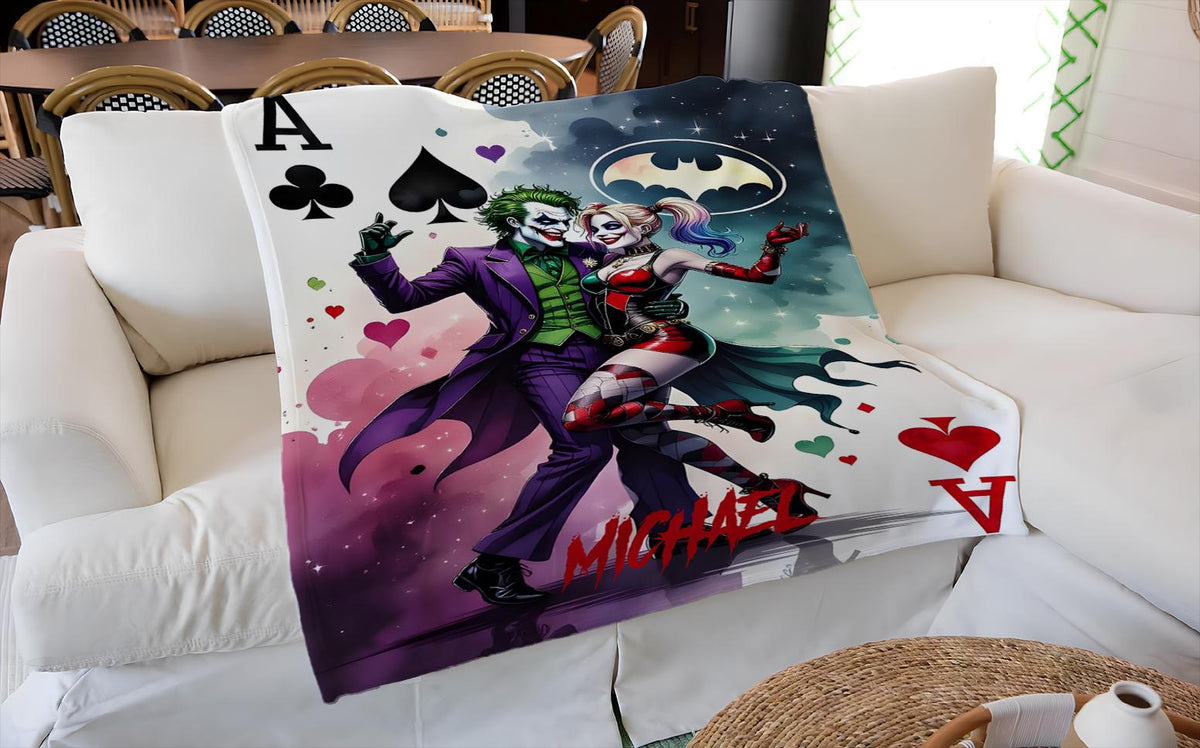 Personalized Joker and Harley Quinn Blanket, Custom Joker Harley Throw with Name, DC Comics Inspired Couple Blanket, Gothic Villain Gift,