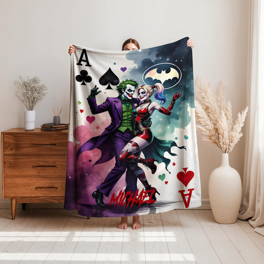 Personalized Joker and Harley Quinn Blanket, Custom Joker Harley Throw with Name, DC Comics Inspired Couple Blanket, Gothic Villain Gift,