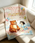 Personalized Name Throw Blanket, Bear and Girl Illustration, Soft Flannel Baby Shower Gift