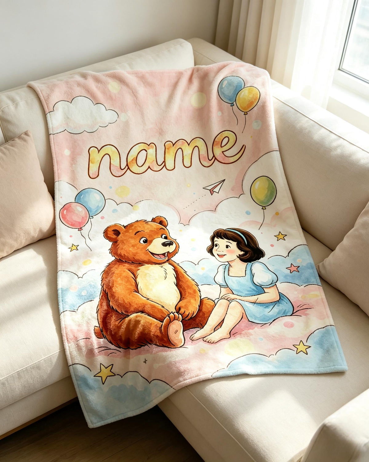Personalized Name Throw Blanket, Bear and Girl Illustration, Soft Flannel Baby Shower Gift
