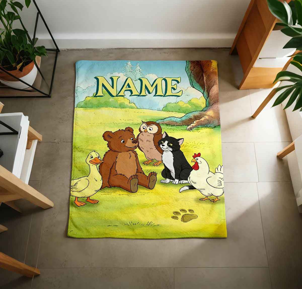 Personalized Little Bear Friends Throw Blanket, Custom Name Soft Flannel Kids Gift
