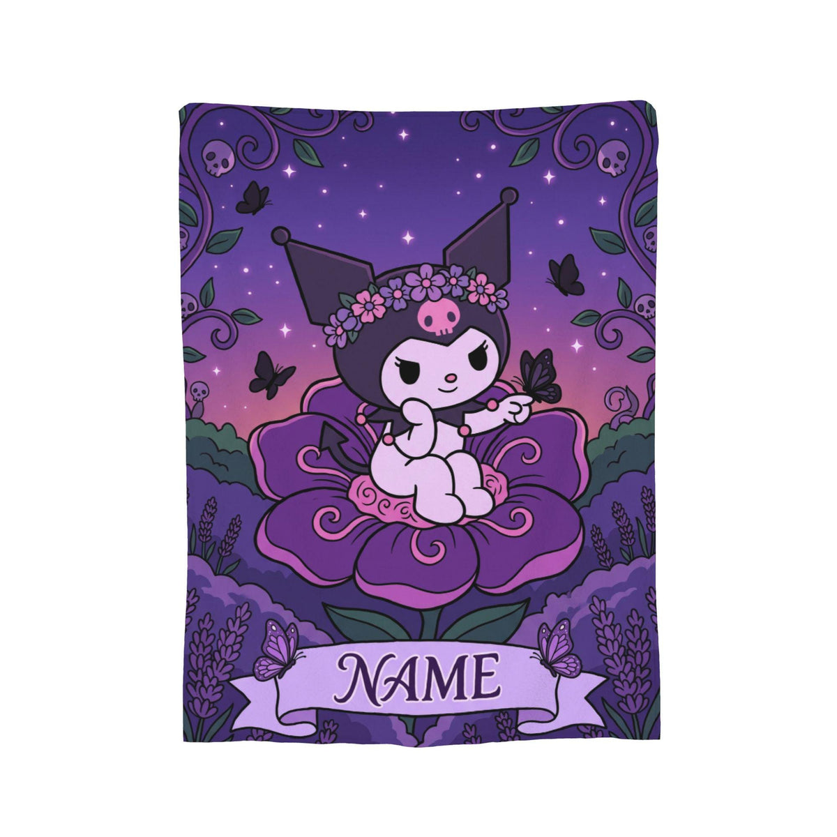 Personalized Kuromi Fairy Blanket, Custom Blossom Floral Throw, Cute Anime Bedding, Soft Flannel Fleece, Birthday Gift for Teen Girls