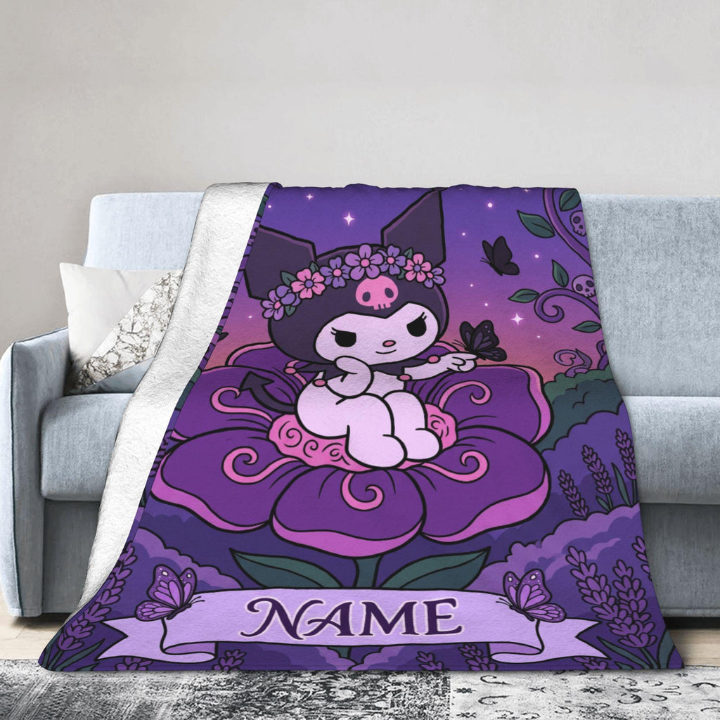 Personalized Kuromi Fairy Blanket, Custom Blossom Floral Throw, Cute Anime Bedding, Soft Flannel Fleece, Birthday Gift for Teen Girls