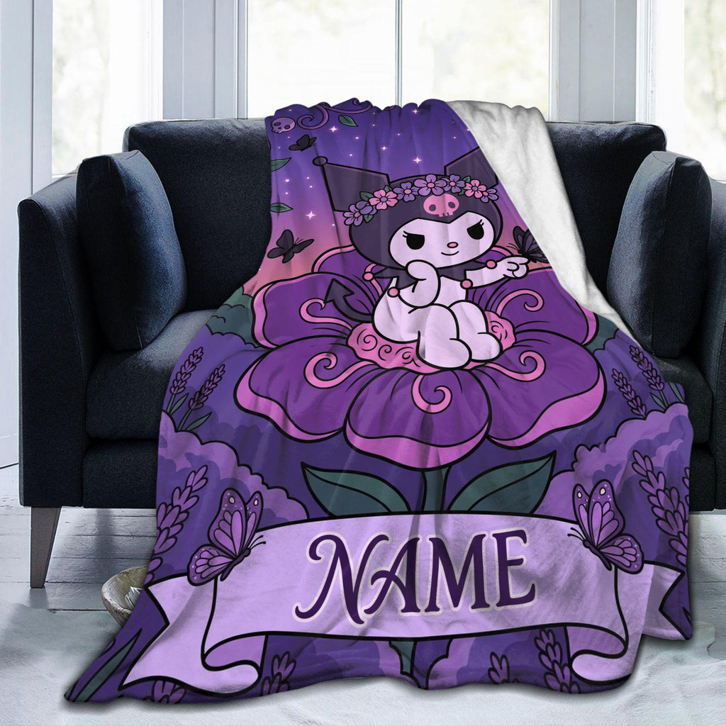 Personalized Kuromi Fairy Blanket, Custom Blossom Floral Throw, Cute Anime Bedding, Soft Flannel Fleece, Birthday Gift for Teen Girls