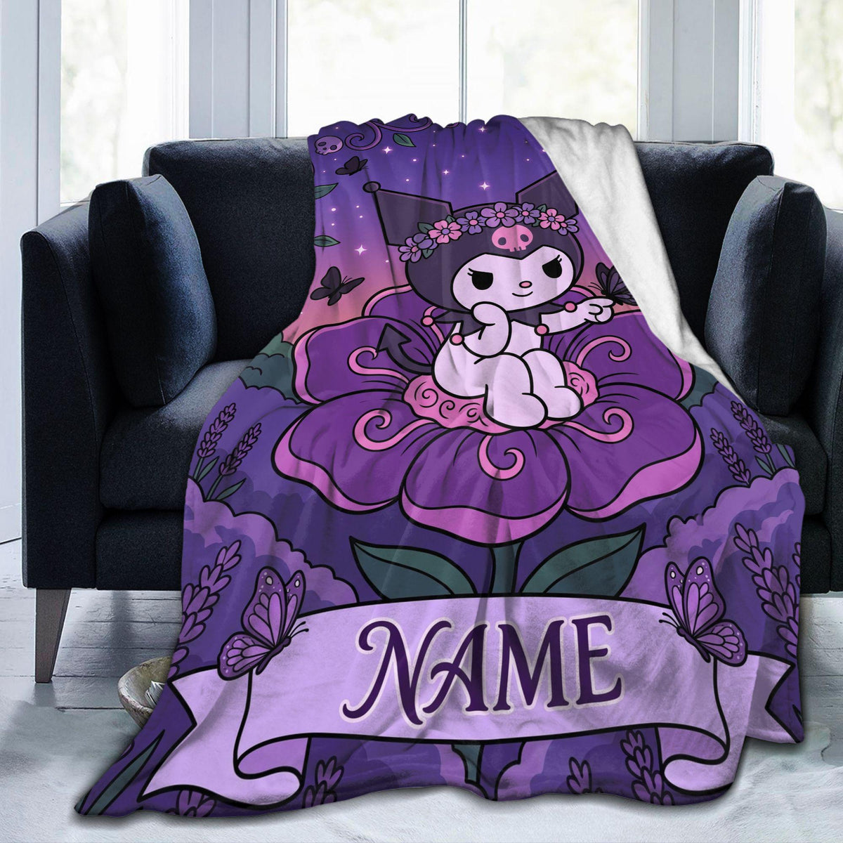 Personalized Kuromi Fairy Blanket, Custom Blossom Floral Throw, Cute Anime Bedding, Soft Flannel Fleece, Birthday Gift for Teen Girls