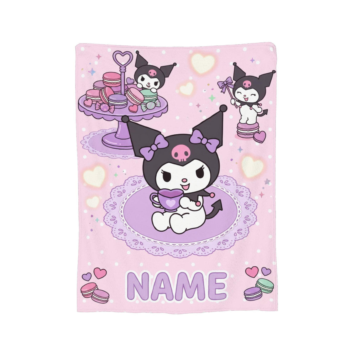 Personalized Kuromi Teatime Blanket, Custom Macaron Pastel Throw, Cute Kawaii Bedding, Soft Flannel Fleece, Birthday Gift for Teen Girls