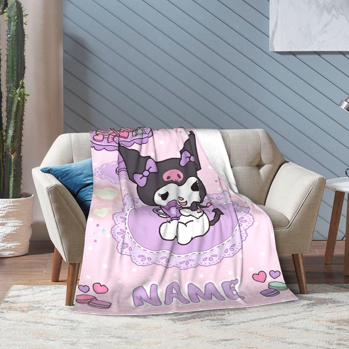 Personalized Kuromi Teatime Blanket, Custom Macaron Pastel Throw, Cute Kawaii Bedding, Soft Flannel Fleece, Birthday Gift for Teen Girls