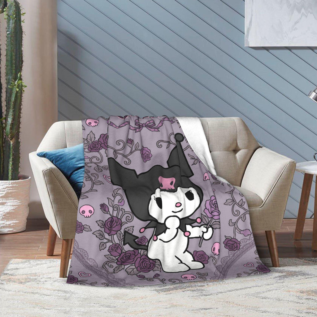 Personalized Kuromi Gothic Rose Blanket, Custom Velvet Floral Anime Throw, Kawaii Bedding, Soft Flannel Fleece, Birthday Gift for Teen Girls