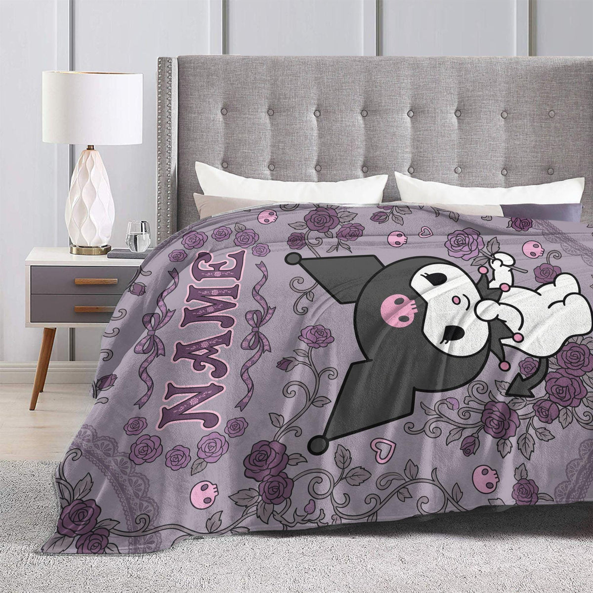 Personalized Kuromi Gothic Rose Blanket, Custom Velvet Floral Anime Throw, Kawaii Bedding, Soft Flannel Fleece, Birthday Gift for Teen Girls