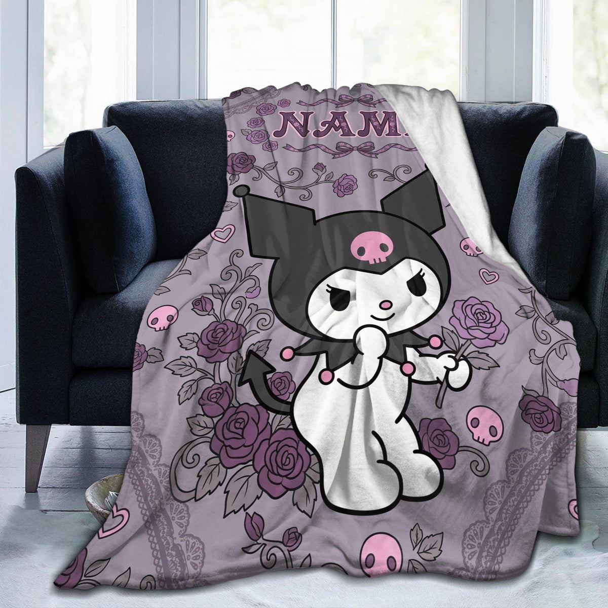 Personalized Kuromi Gothic Rose Blanket, Custom Velvet Floral Anime Throw, Kawaii Bedding, Soft Flannel Fleece, Birthday Gift for Teen Girls