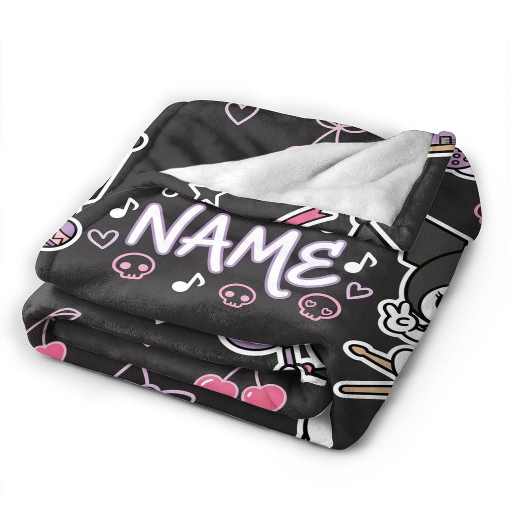 Personalized Kuromi Rock Star Blanket, Custom Punk Anime Throw, Kawaii Gothic Bedding, Soft Flannel Fleece, Birthday Gift for Teen Girls