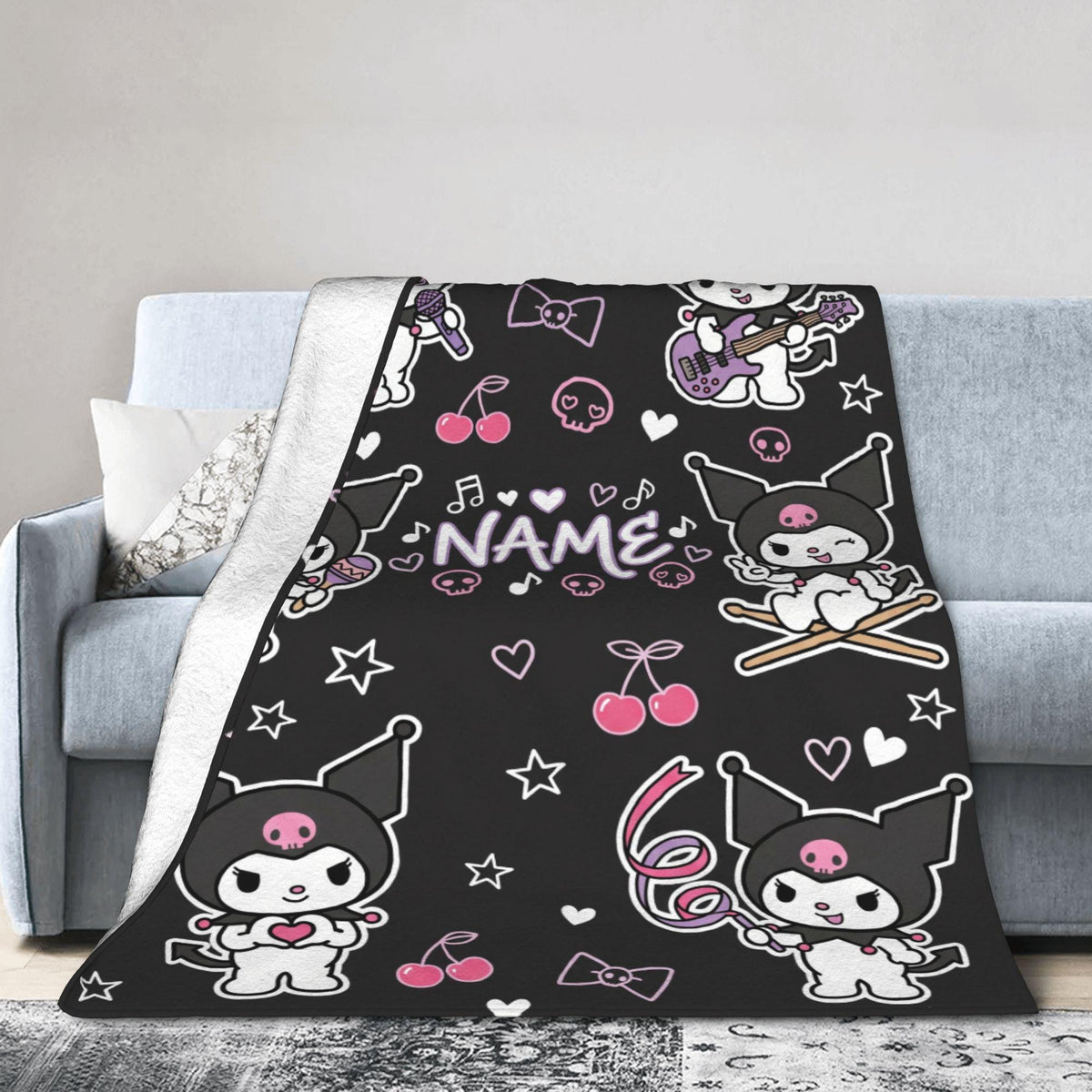 Personalized Kuromi Rock Star Blanket, Custom Punk Anime Throw, Kawaii Gothic Bedding, Soft Flannel Fleece, Birthday Gift for Teen Girls