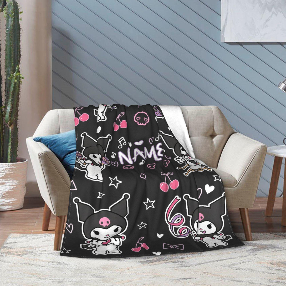 Personalized Kuromi Rock Star Blanket, Custom Punk Anime Throw, Kawaii Gothic Bedding, Soft Flannel Fleece, Birthday Gift for Teen Girls