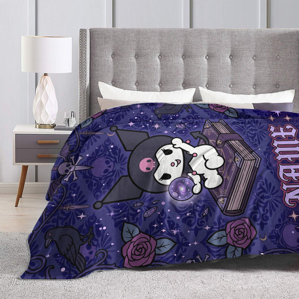 Personalized Kuromi Spellbook Blanket, Custom Magic Fantasy Throw, Gothic Kawaii Bedding, Soft Flannel Fleece, Birthday Gift for Teen Girls