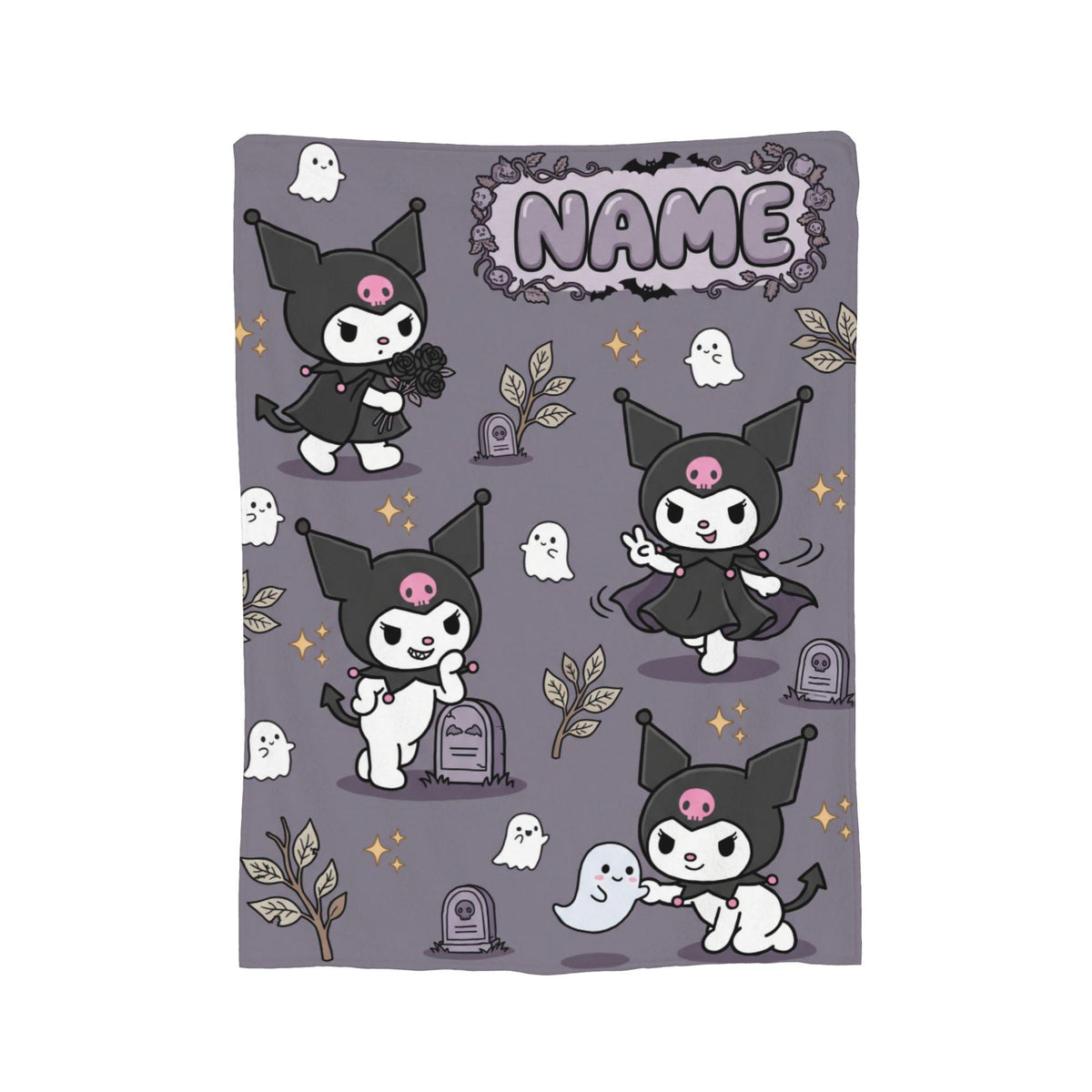 Personalized Kuromi Spooky Blanket, Custom Name Graveyard Throw, Gothic Kawaii Bedding, Soft Flannel Fleece, Halloween Gift for Girls