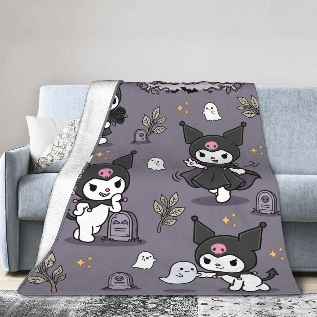 Personalized Kuromi Spooky Blanket, Custom Name Graveyard Throw, Gothic Kawaii Bedding, Soft Flannel Fleece, Halloween Gift for Girls
