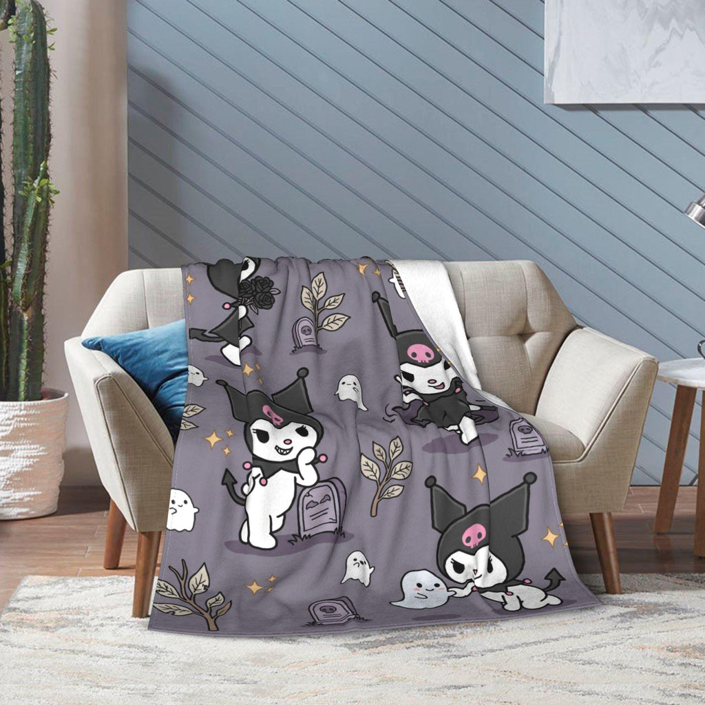Personalized Kuromi Spooky Blanket, Custom Name Graveyard Throw, Gothic Kawaii Bedding, Soft Flannel Fleece, Halloween Gift for Girls