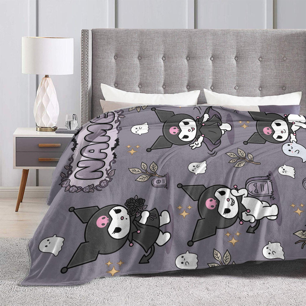 Personalized Kuromi Spooky Blanket, Custom Name Graveyard Throw, Gothic Kawaii Bedding, Soft Flannel Fleece, Halloween Gift for Girls