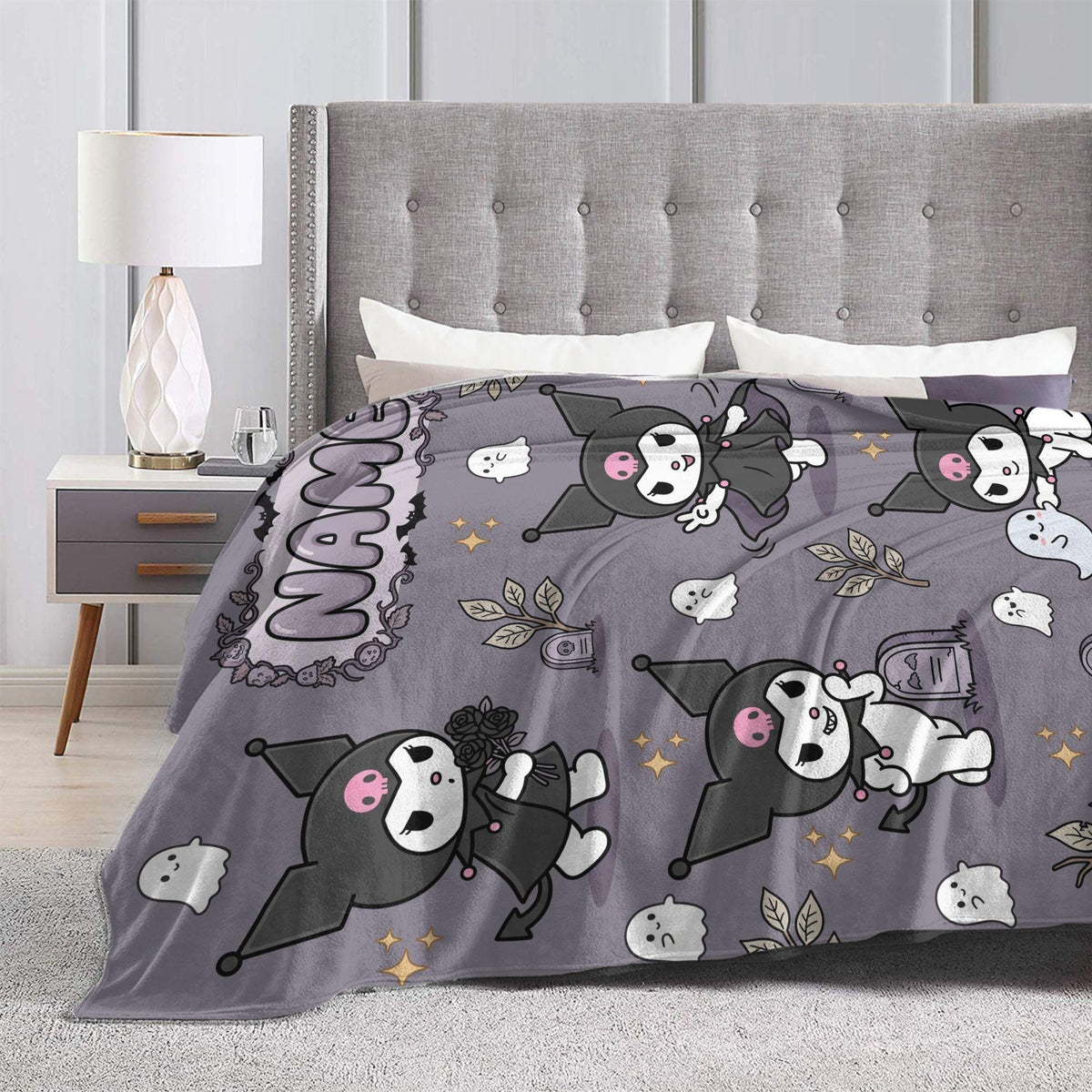 Personalized Kuromi Spooky Blanket, Custom Name Graveyard Throw, Gothic Kawaii Bedding, Soft Flannel Fleece, Halloween Gift for Girls