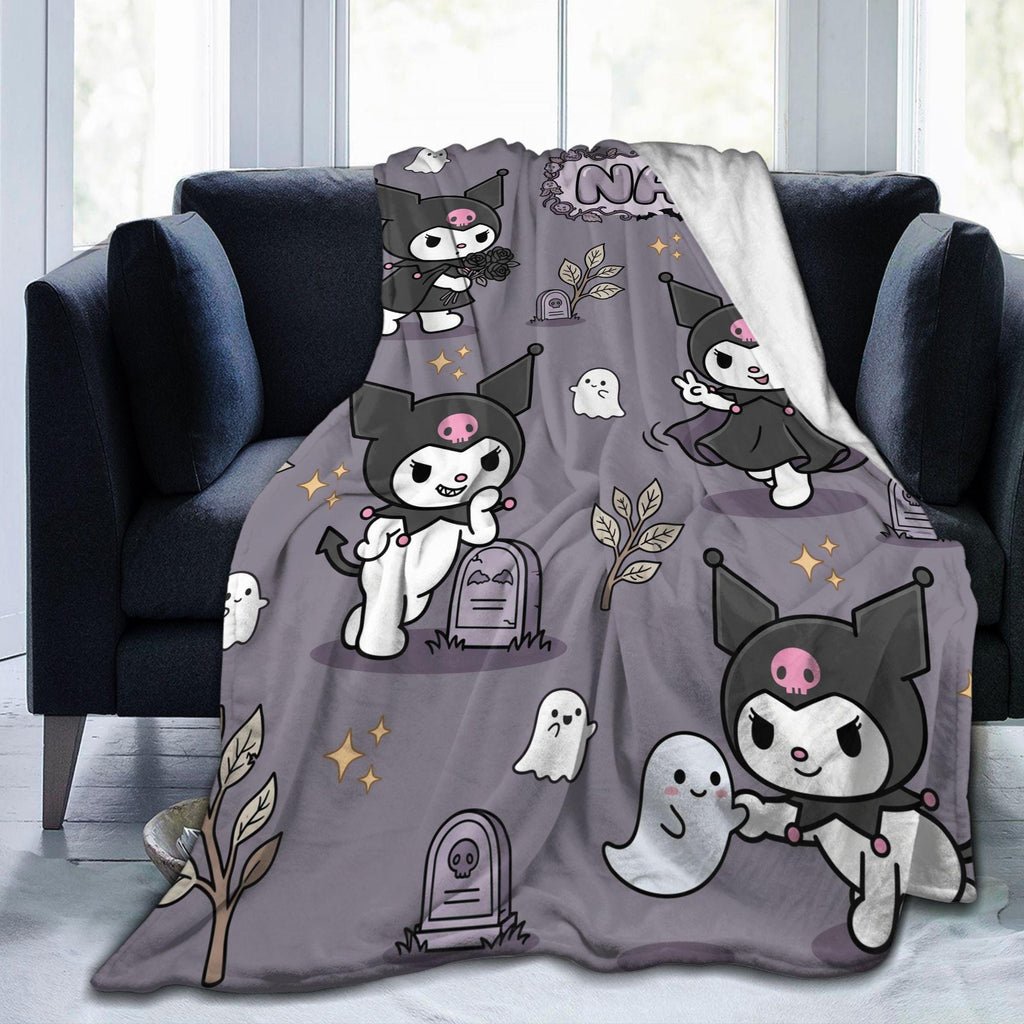 Personalized Kuromi Spooky Blanket, Custom Name Graveyard Throw, Gothic Kawaii Bedding, Soft Flannel Fleece, Halloween Gift for Girls