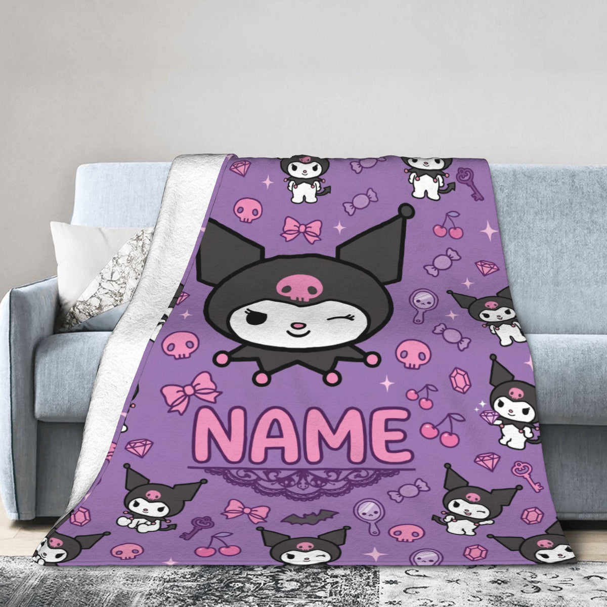 Personalized Kuromi Vanity Blanket, Custom Name Cute Pastel Throw, Kawaii Bedroom Decor, Soft Flannel Fleece, Birthday Gift for Teen Girls